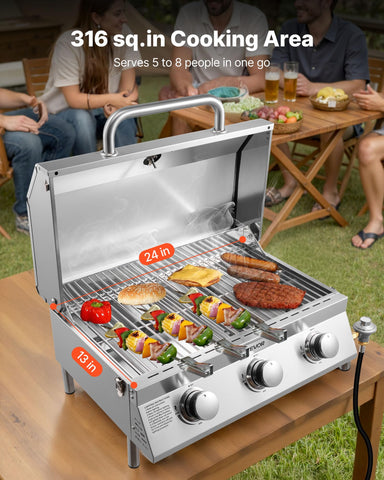 VEVOR Tabletop Gas Grill thermometer image shows built-in heat readings for precise control