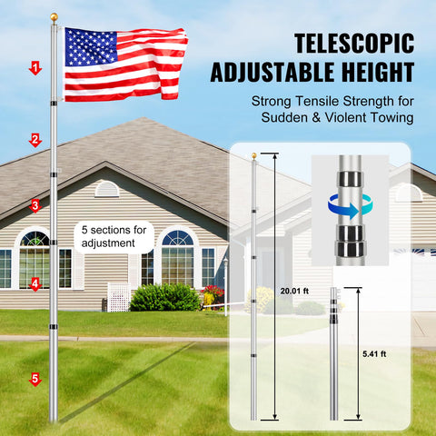 Five telescoping sections extend up to 20 feet for flexible setups