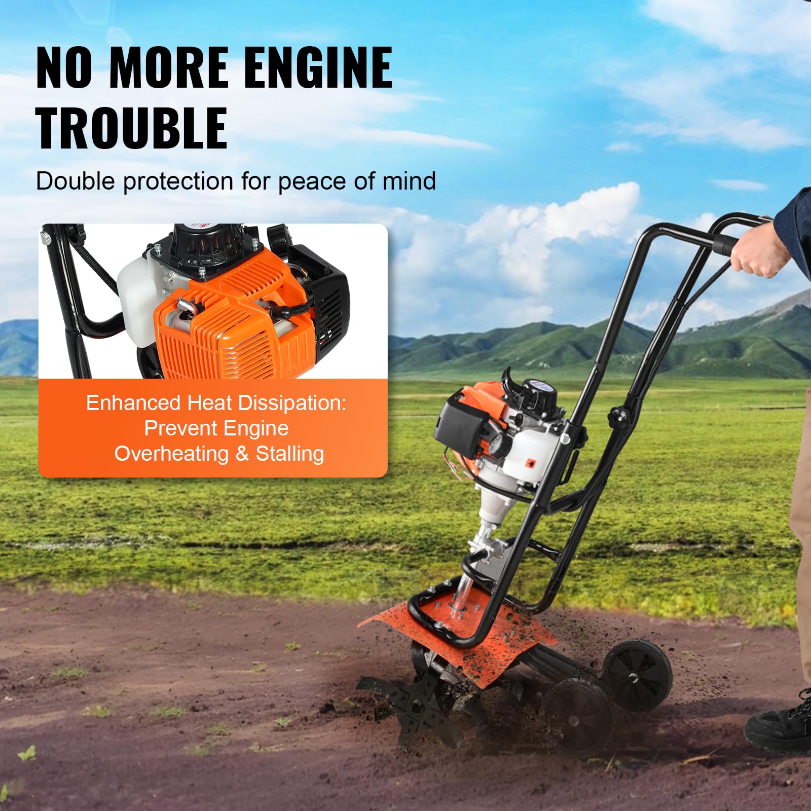 VEVOR tiller with adjustable depth for precise cultivation.