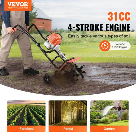 VEVOR 31CC engine powers smooth tilling over lawn and garden soil.