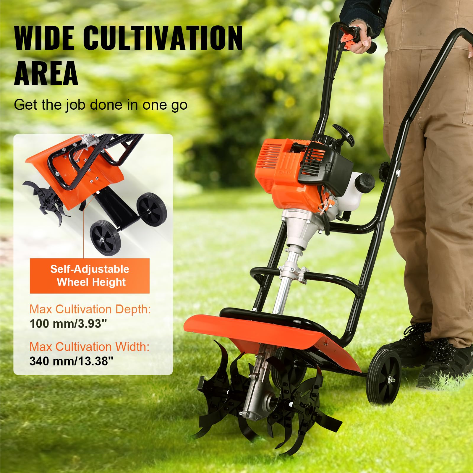 VEVOR ergonomic handle and stand-up design for easy starting.