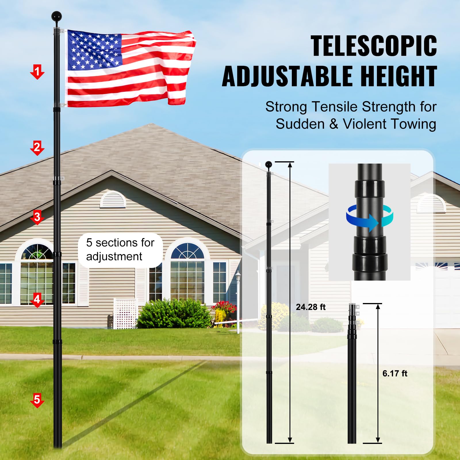VEVOR twist-lock system keeps the pole secure during windy conditions.