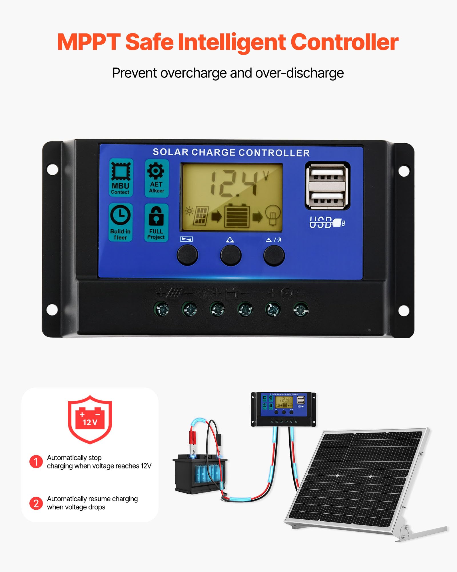 VEVOR upgraded MPPT controller shows intelligent charging management