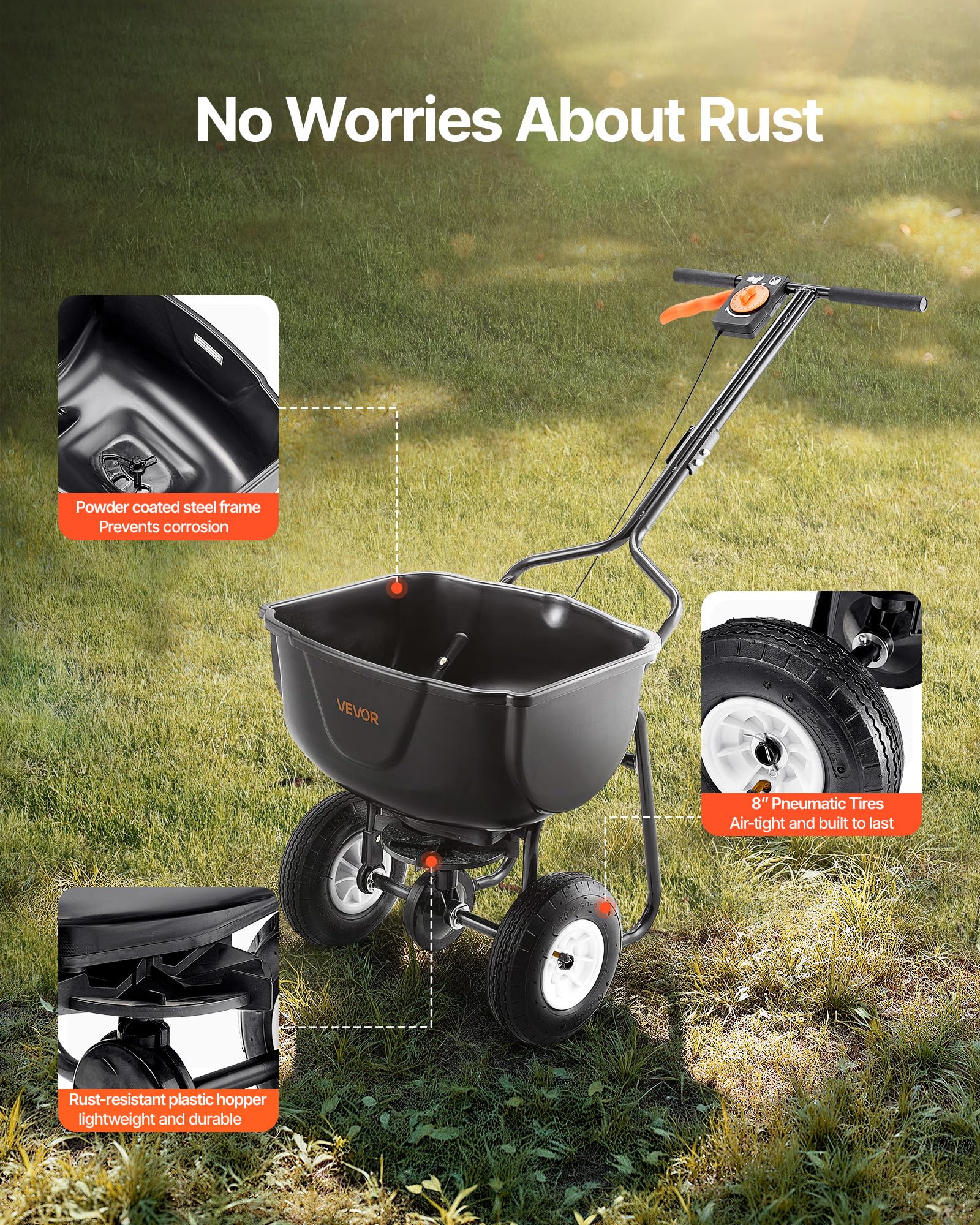 VEVOR Walk Behind Spreader all-terrain pneumatic tires on varied surfaces