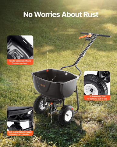 VEVOR Walk Behind Spreader all-terrain pneumatic tires on varied surfaces