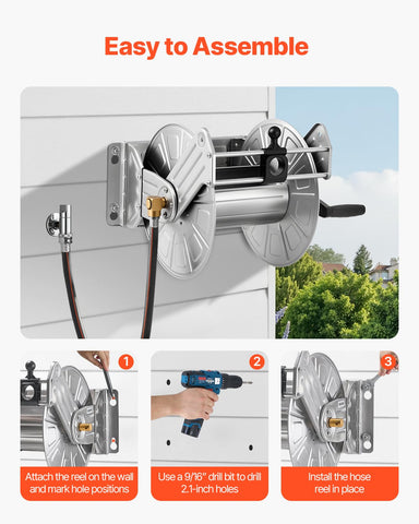 VEVOR wall-mount bracket and screws secure the reel, saving floor space