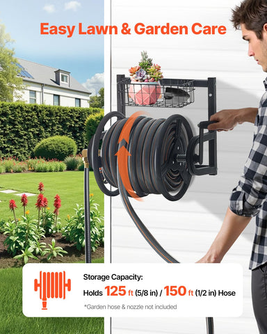 Outdoor wall-mounted hose reel with anti-corrosion coating on a brick wall