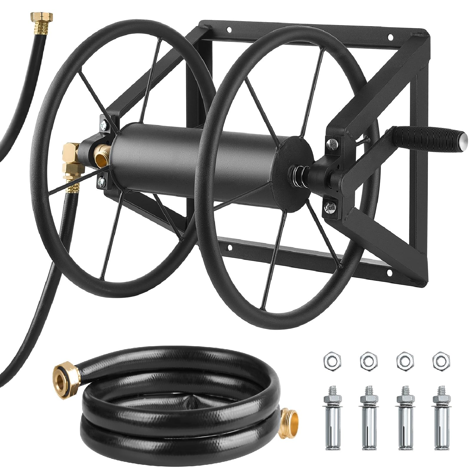 VEVOR wall-mounted hose reel on brick wall keeps hoses tidy and accessible.