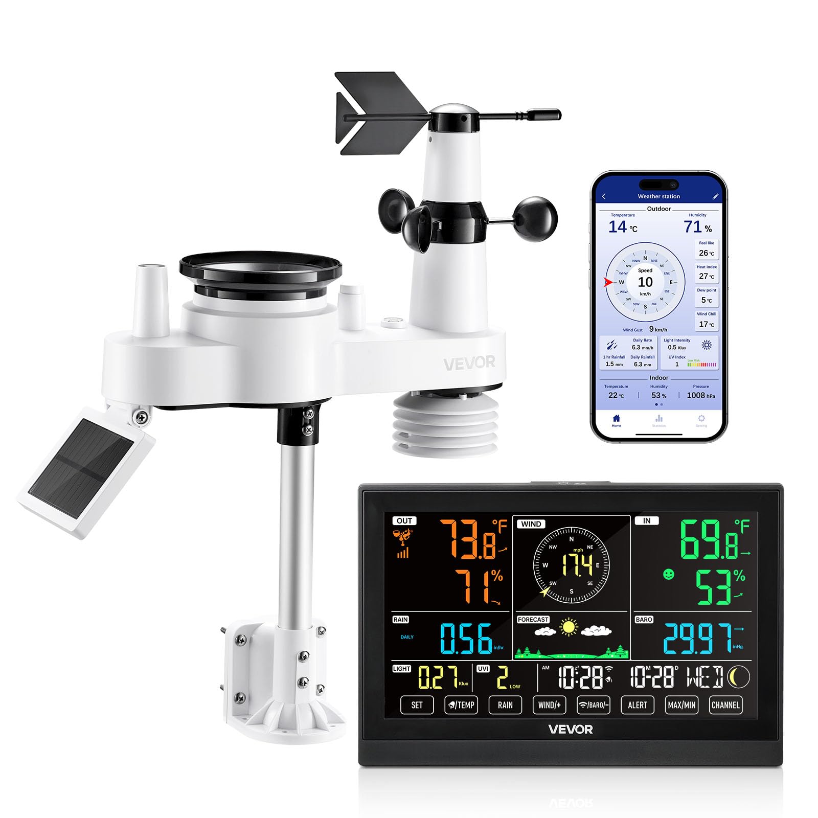 VEVOR weather station 7-in-1 setup display for quick home monitoring.