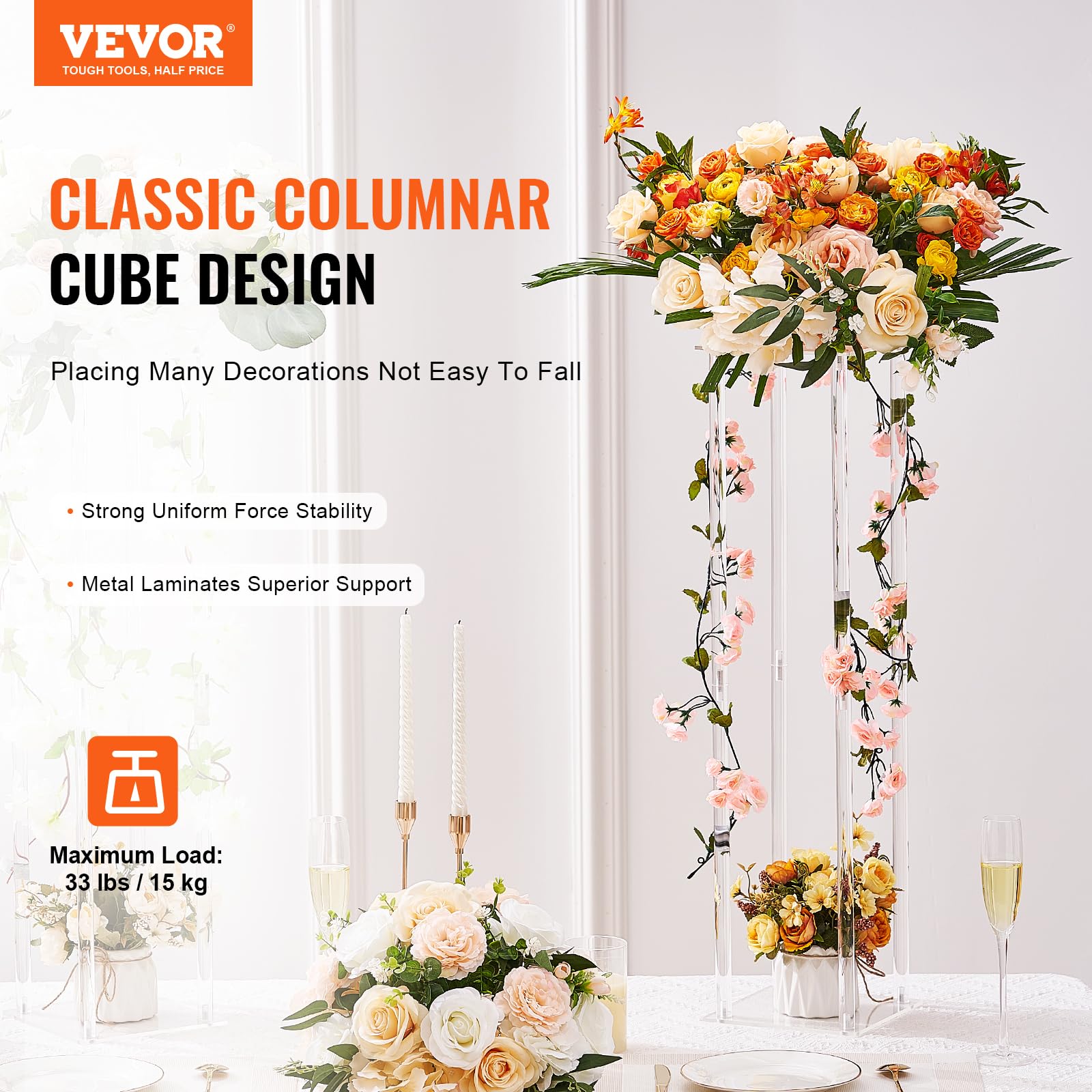 VEVOR geometric column design enhances stability for floral displays.