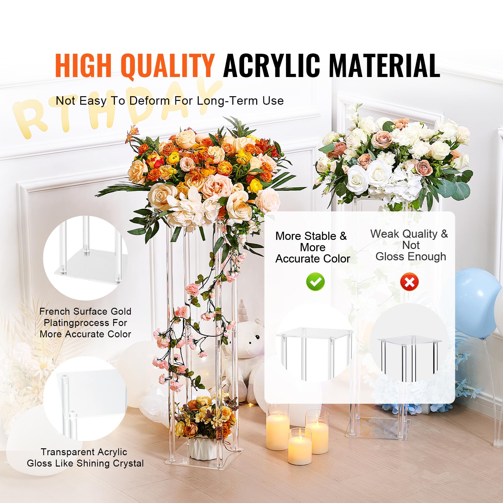 Transparent acrylic material creates soft lighting behind wedding florals.