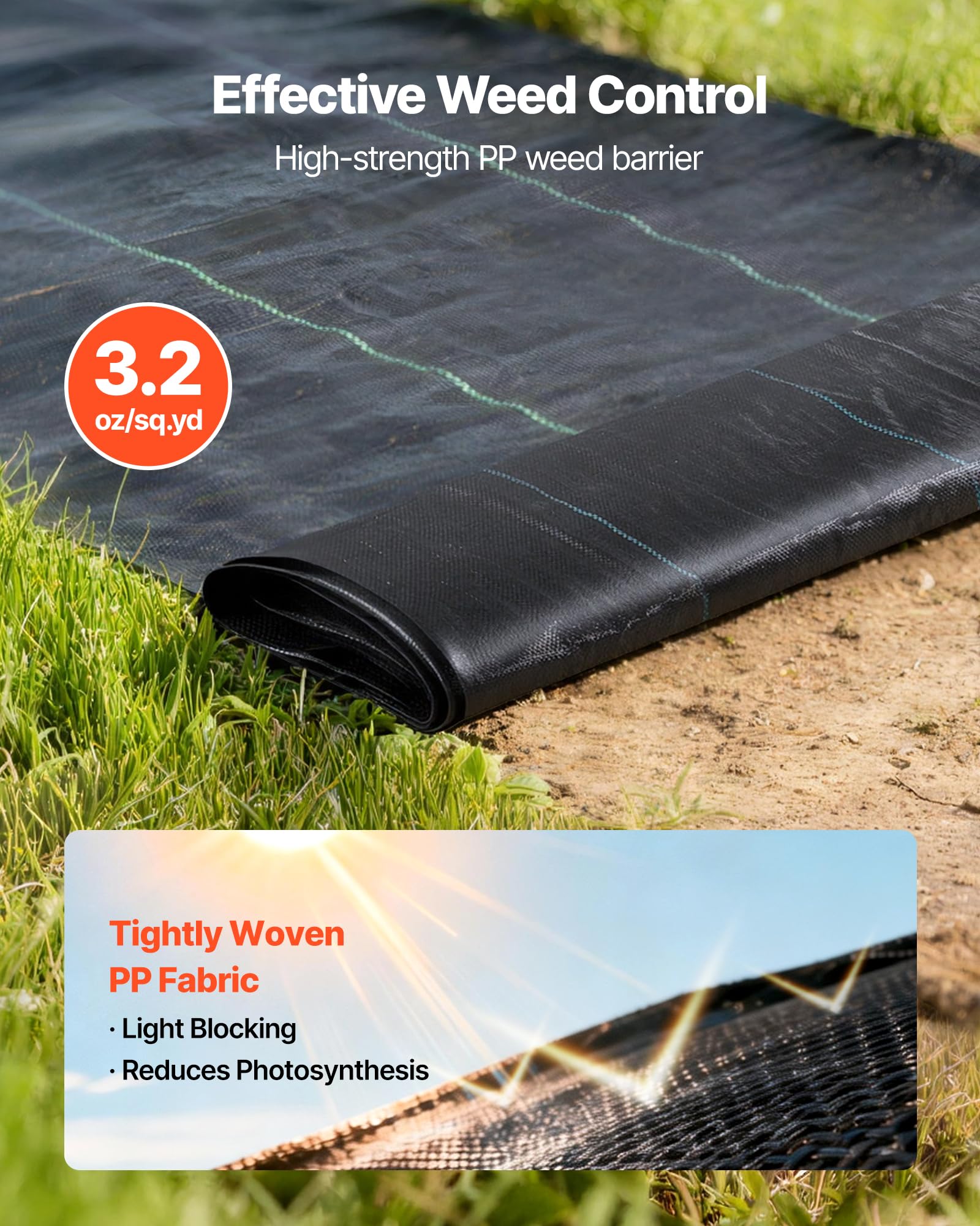 VEVOR weed barrier fabric dense weave close-up shows puncture resistance.