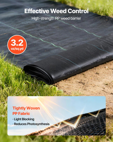 VEVOR weed barrier fabric dense weave close-up shows puncture resistance.