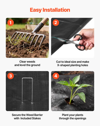 Two-roll VEVOR weed barrier with stakes and manual for value.