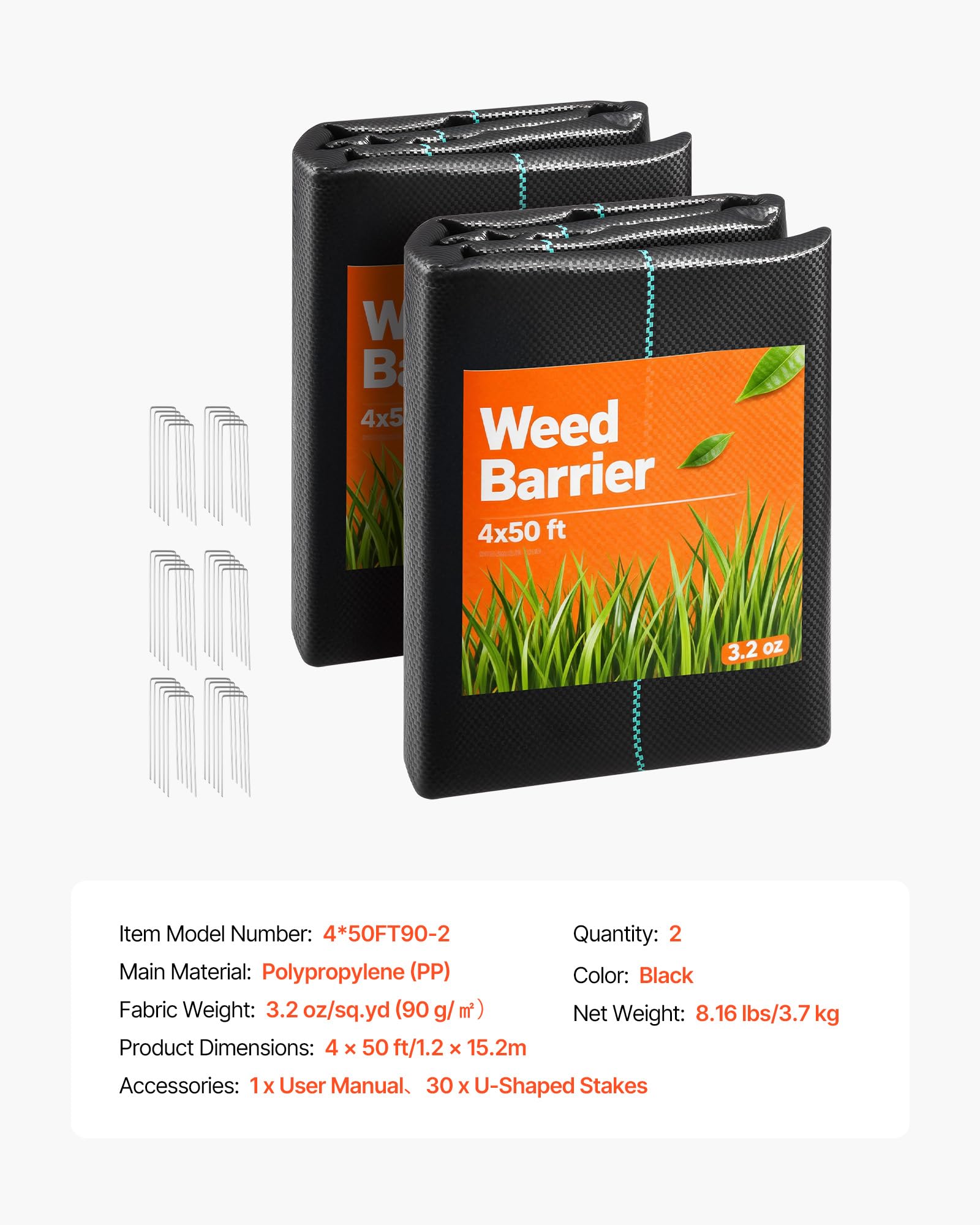 Stakes included for secure placement of the weed barrier.