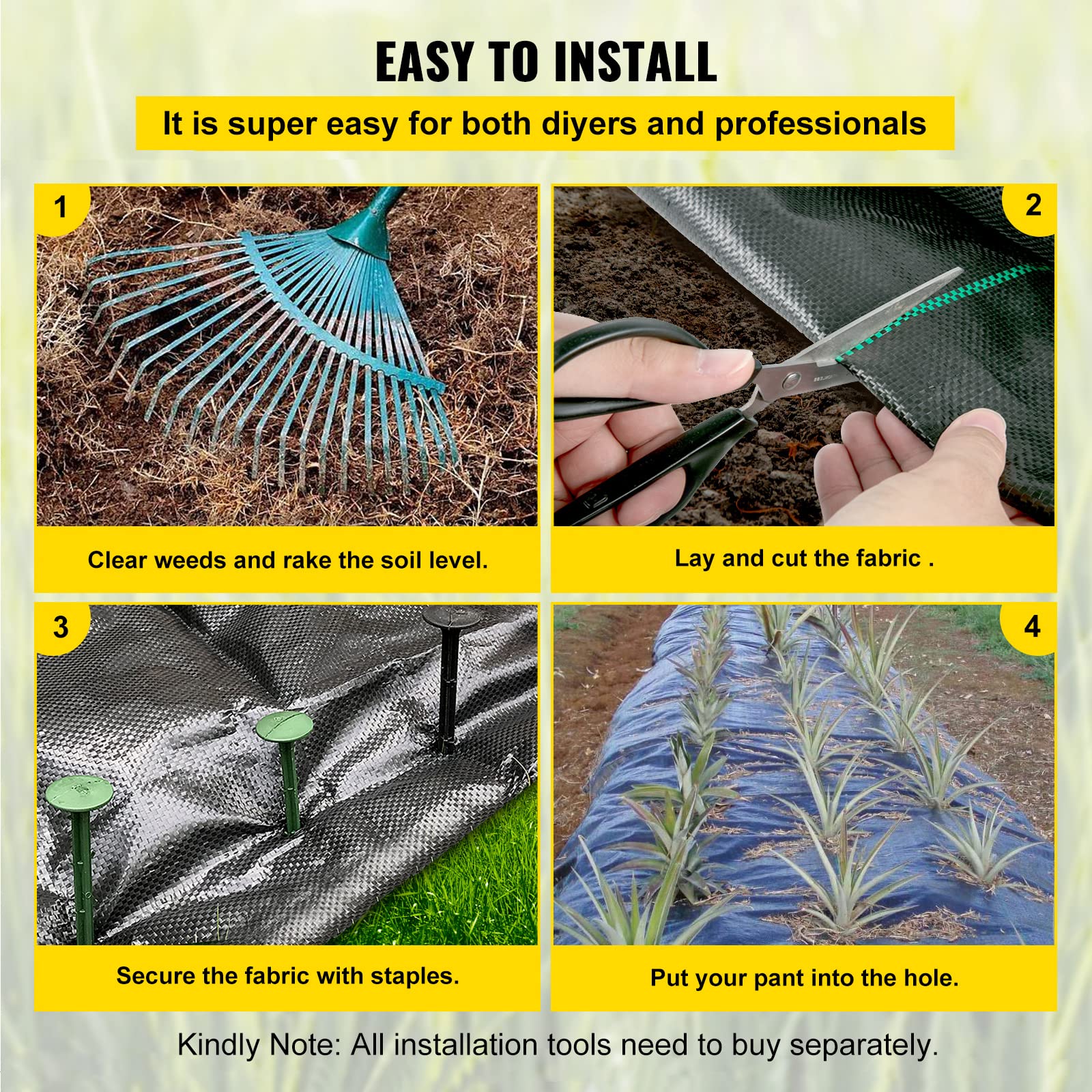 VEVOR weed-block fabric laid over a garden bed for durable weed suppression.