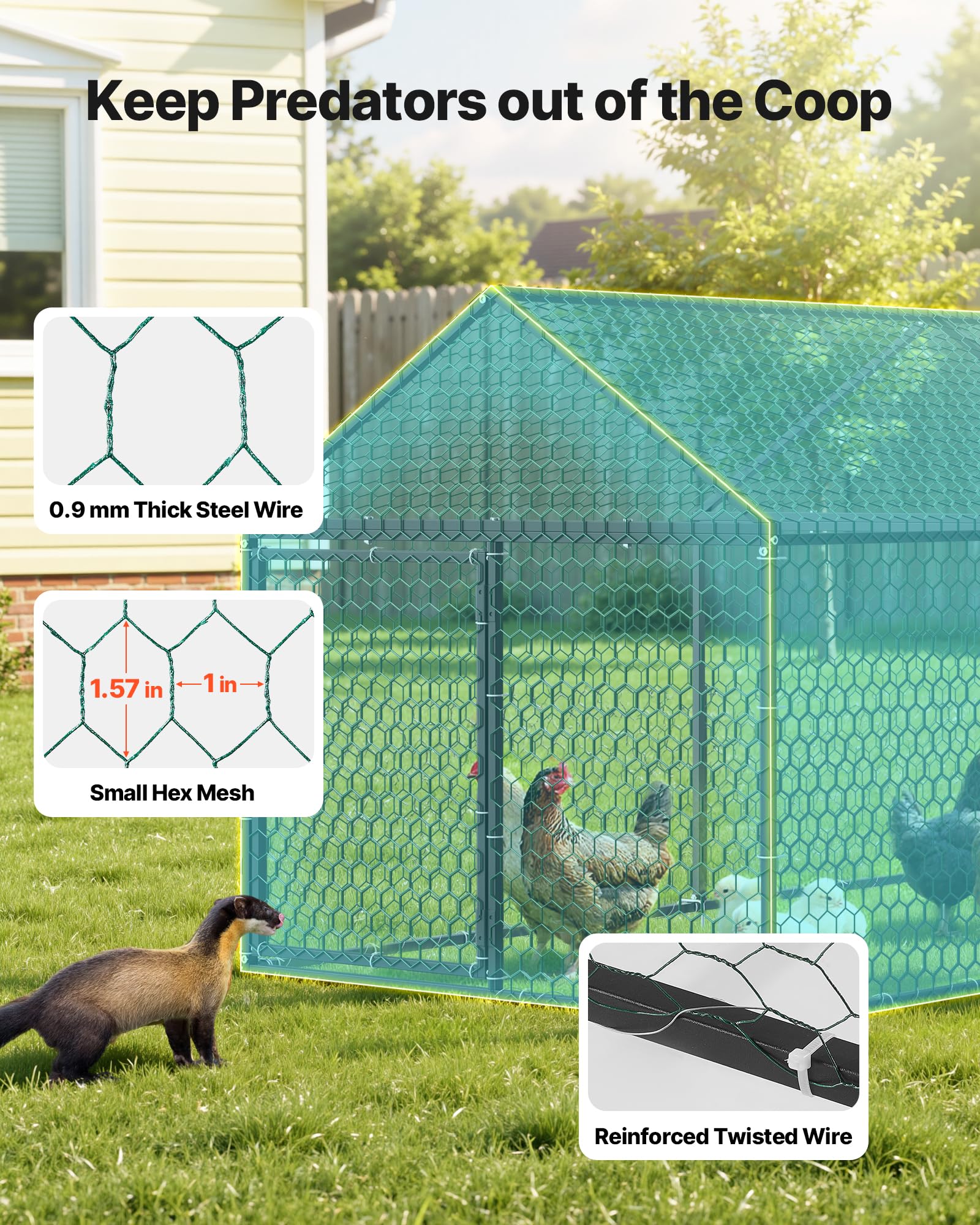 VEVOR welded wire mesh helps keep predators out.