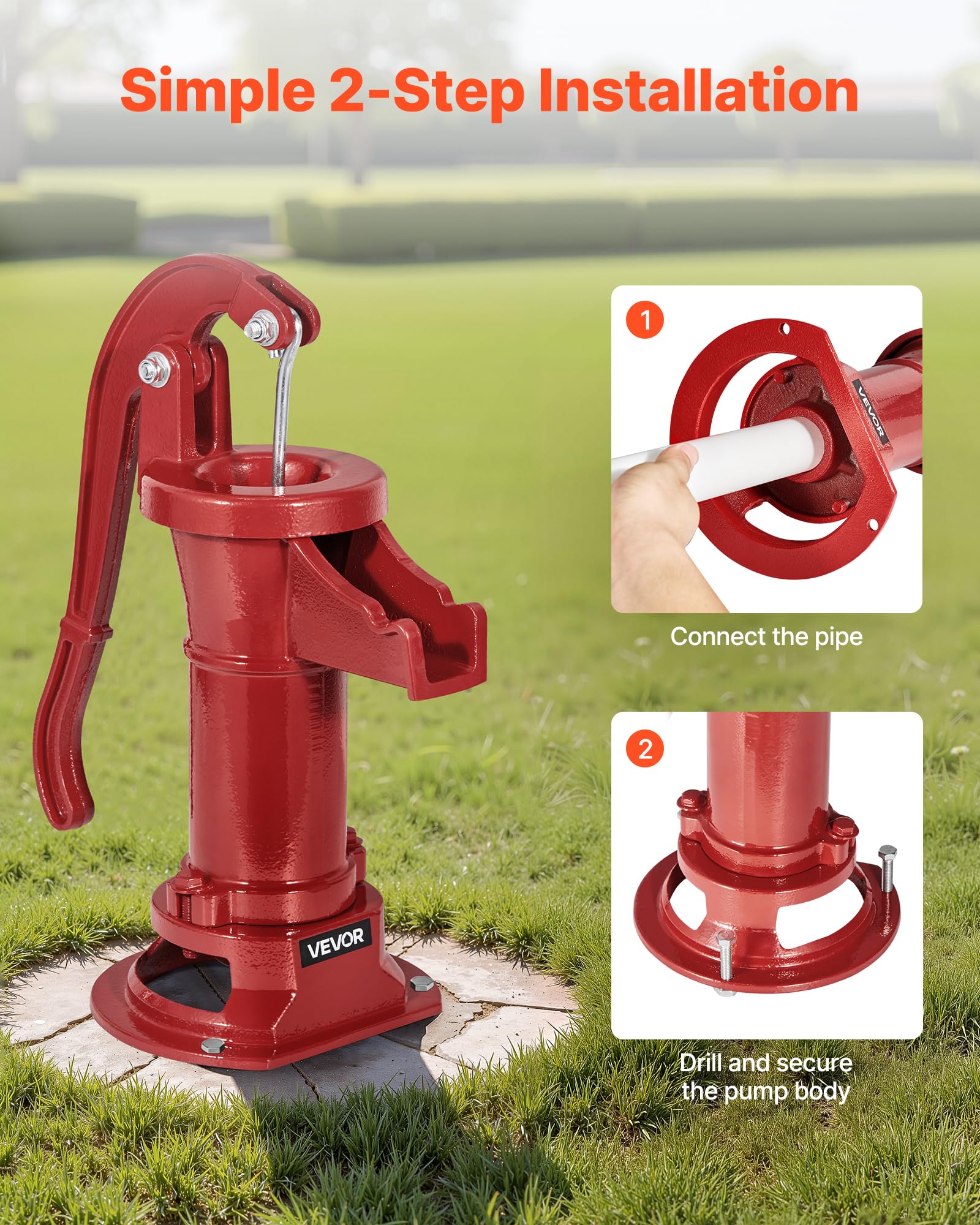 VEVOR Well Hand Pitcher Pump with bucket spout prevents splashes.