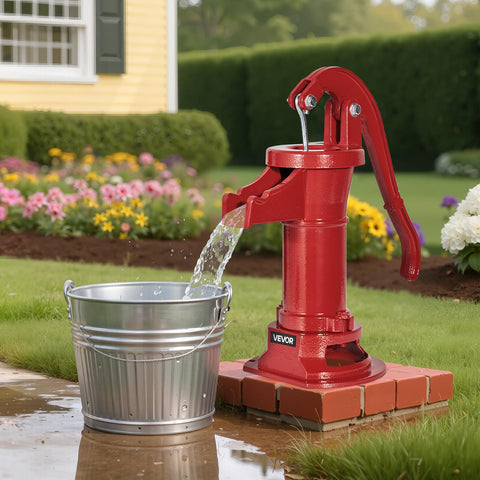 VEVOR Well Hand Pitcher Pump outdoor garden setting with rustic charm.