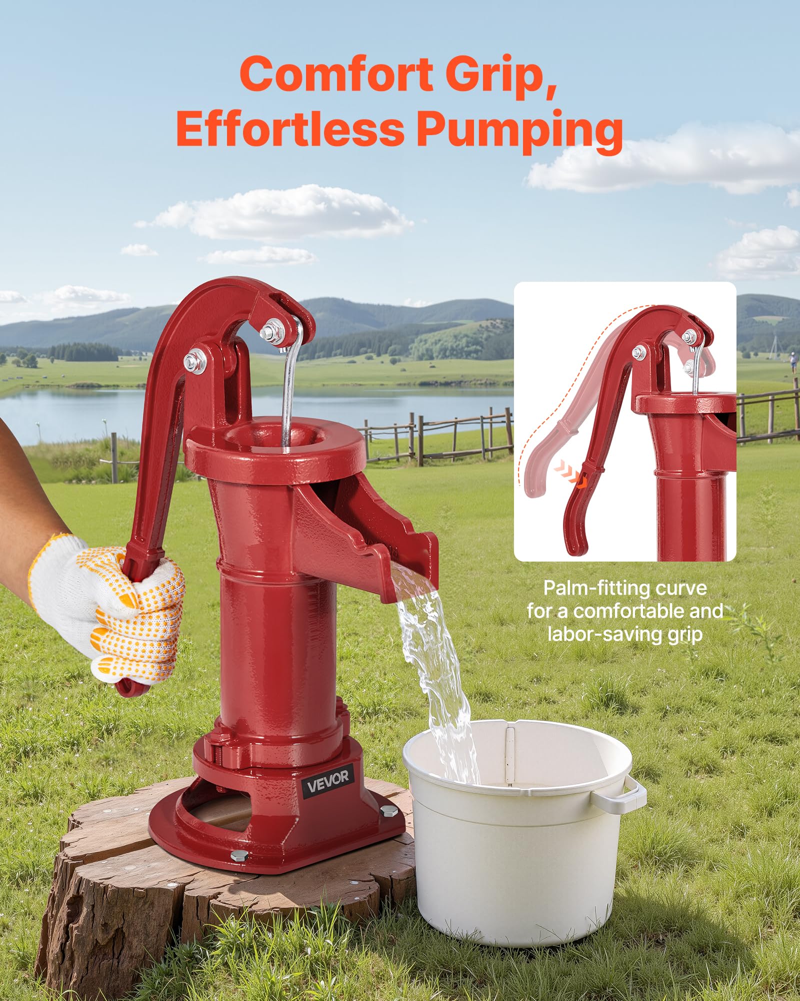 VEVOR Well Hand Pitcher Pump pumping action near a garden pond.