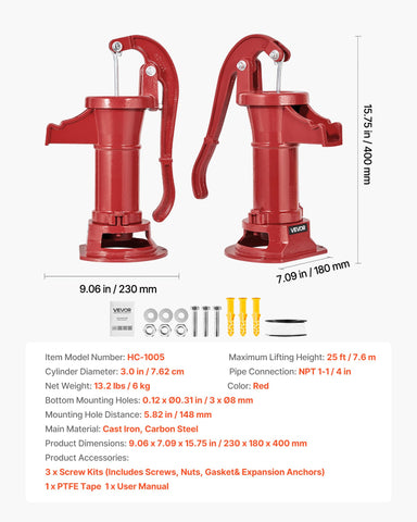 VEVOR Well Hand Pitcher Pump rust-resistant coating protects outdoors.