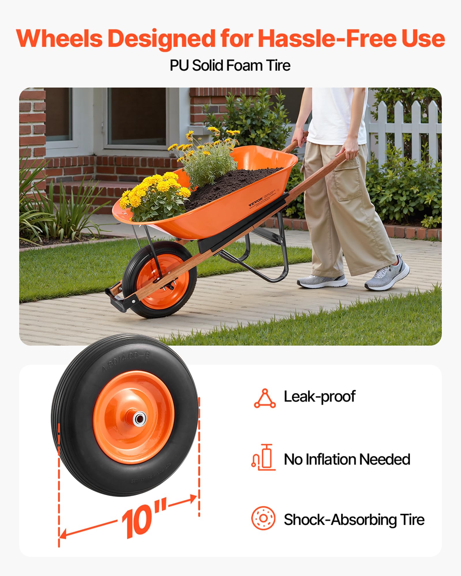 VEVOR wheelbarrow cart with 16-inch wheels for stable traction on rough terrain.
