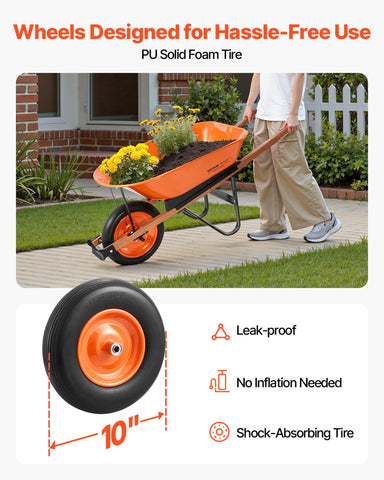 VEVOR wheelbarrow cart with 16-inch wheels for stable traction on rough terrain.