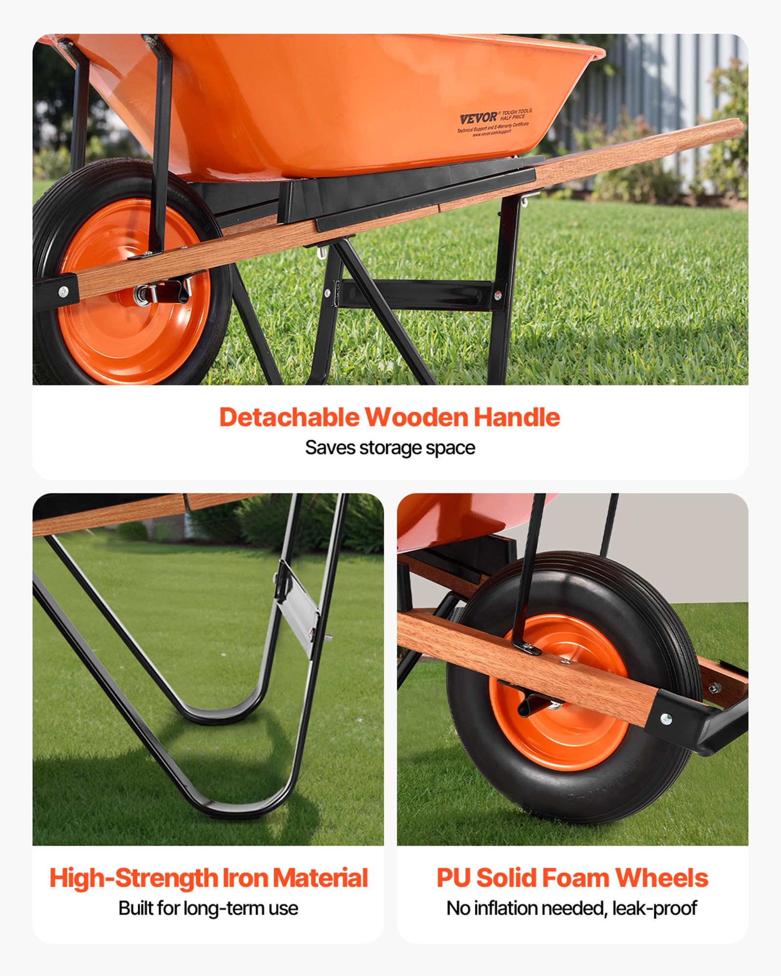 VEVOR wheelbarrow cart supports 265 lb load to move heavy materials.