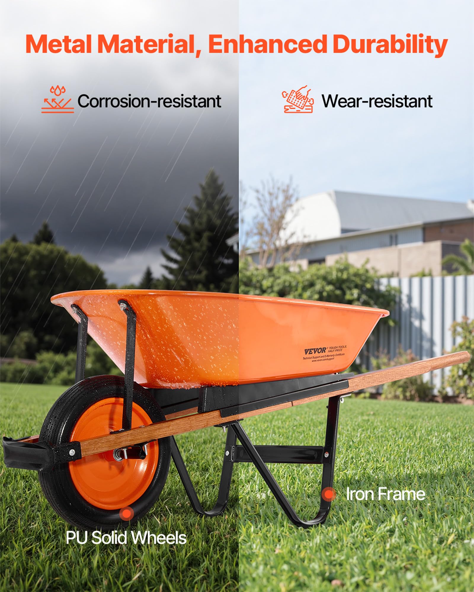VEVOR padded-handle wheelbarrow offers comfortable, controlled loading.