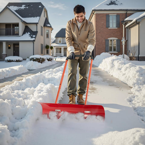 Wheeled snow shovel design minimizes lifting effort