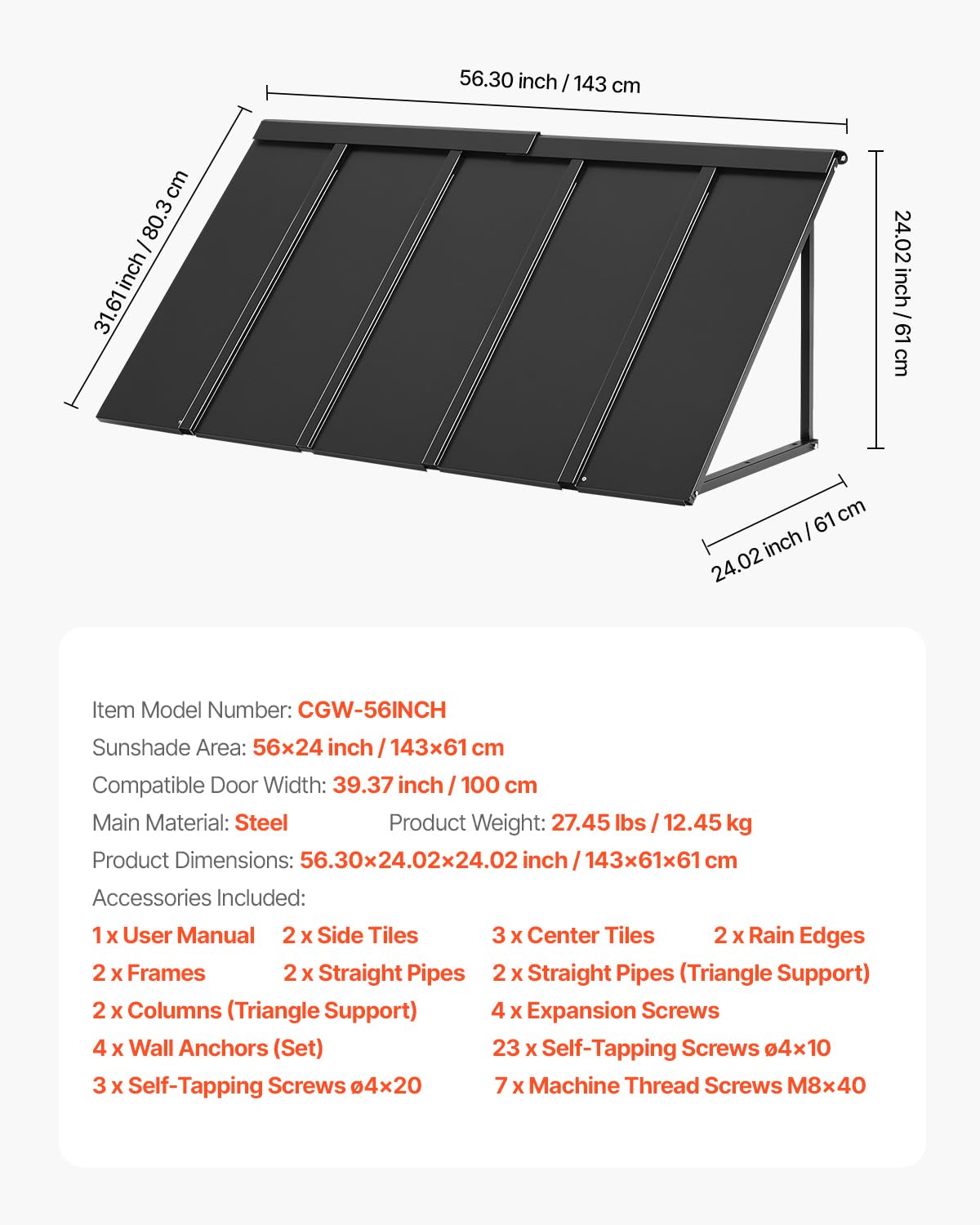 VEVOR exterior canopy helps keep entryways dry during rain and light snow