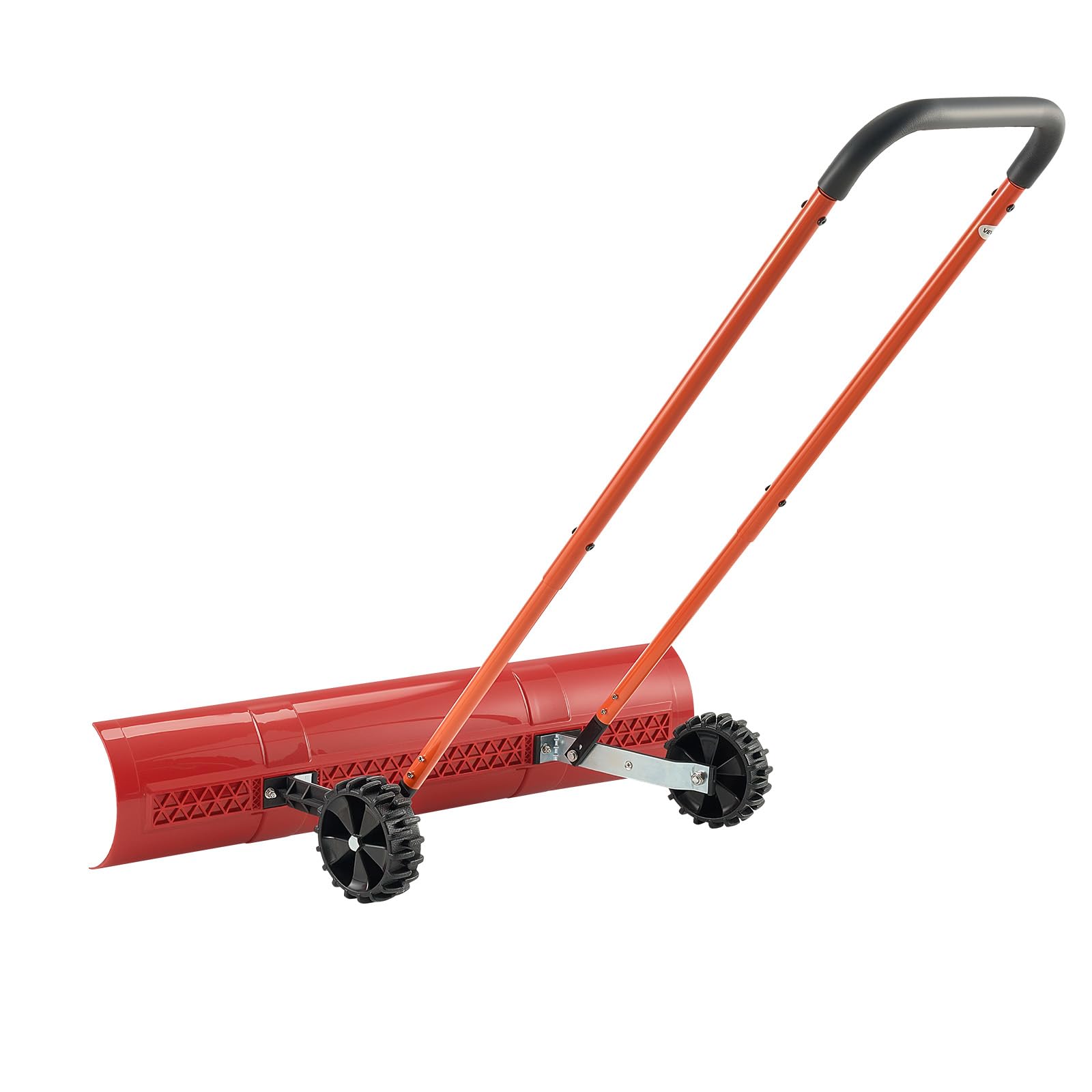 Windrow-capable snow pusher with stable rolling guidance
