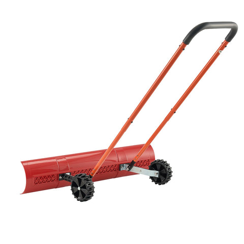 Windrow-capable snow pusher with stable rolling guidance