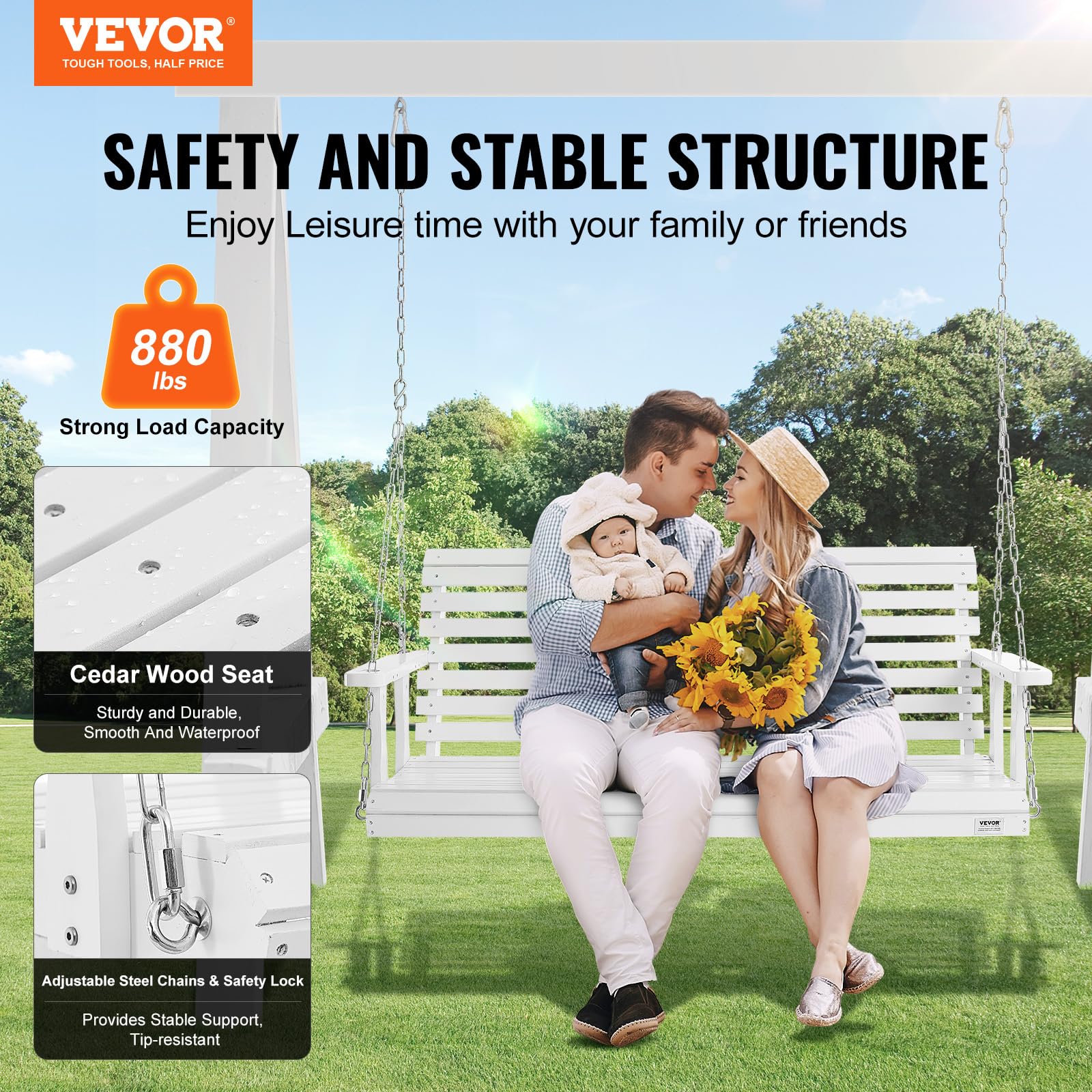 VEVOR porch swing galvanized chains resist rust for outdoor use