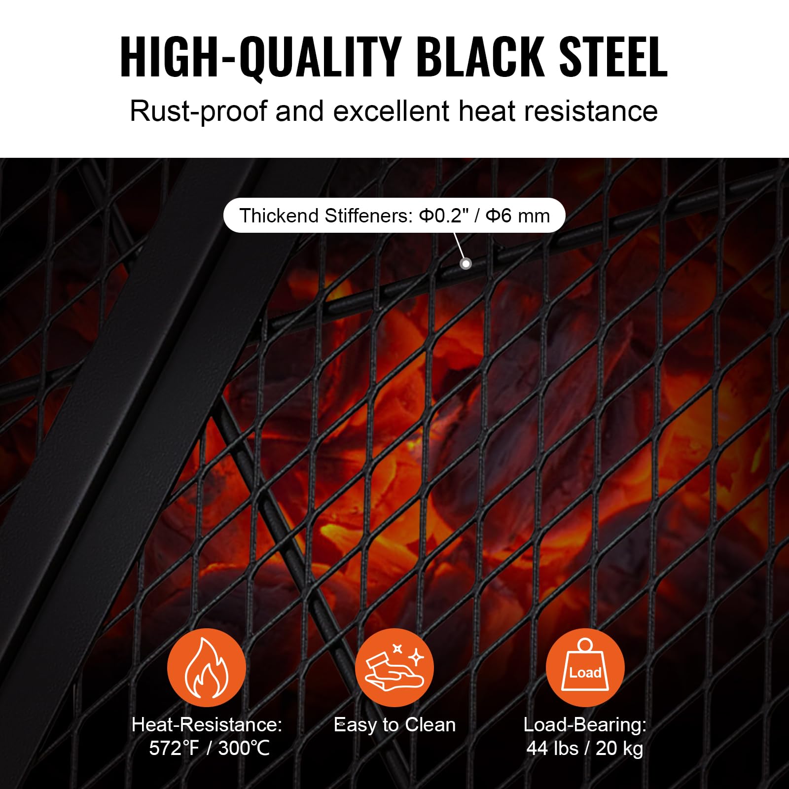 VEVOR X-Marks fire pit grate with diamond mesh for even heat distribution