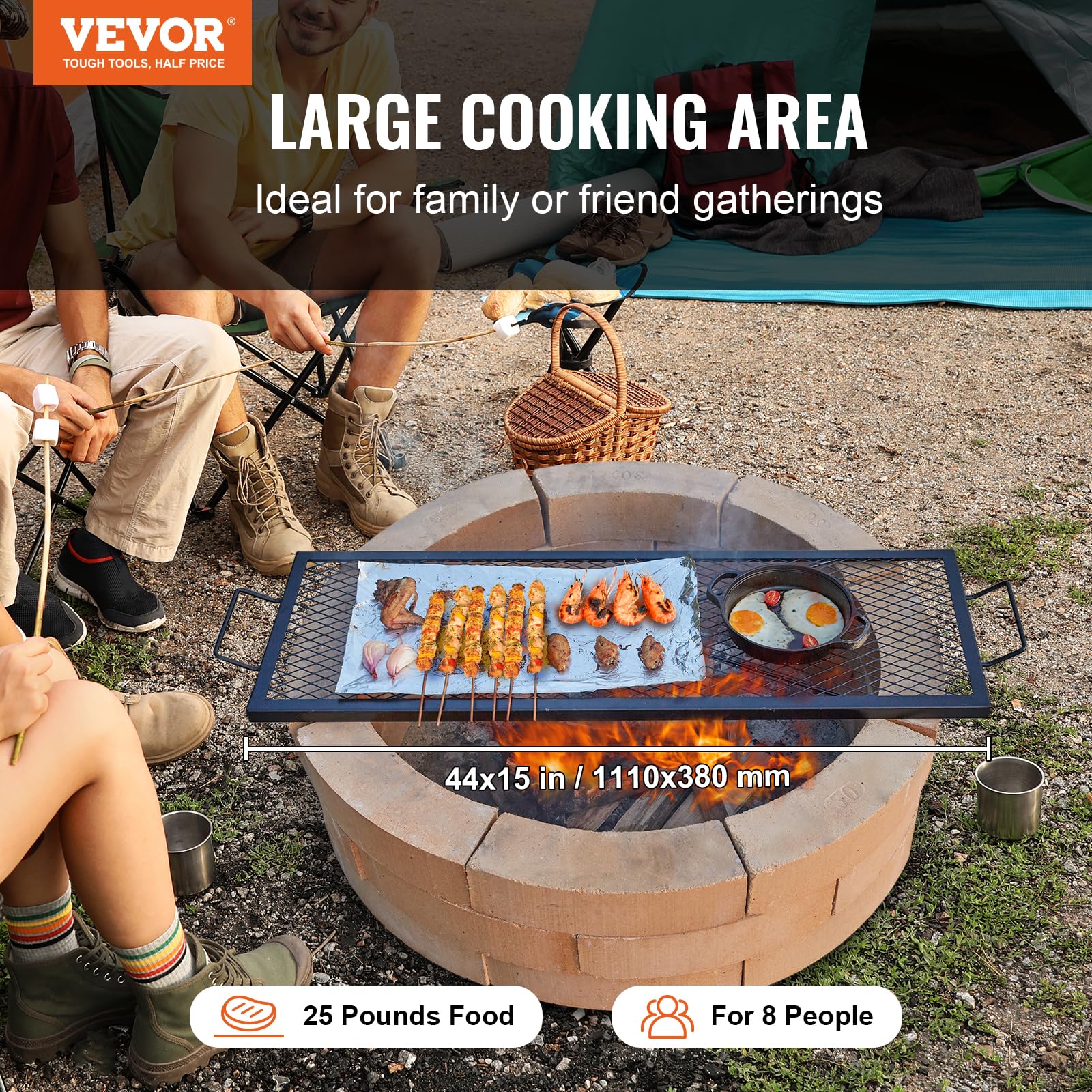 VEVOR X-Marks fire pit grate heavy-duty steel endures high heat during outdoor meals.