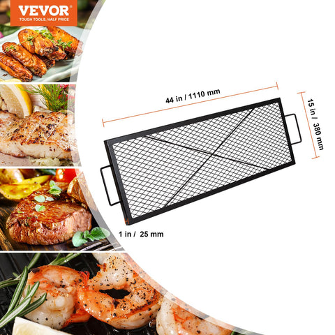 VEVOR X-Marks grate supports cooking with various pans and open-fire setups.