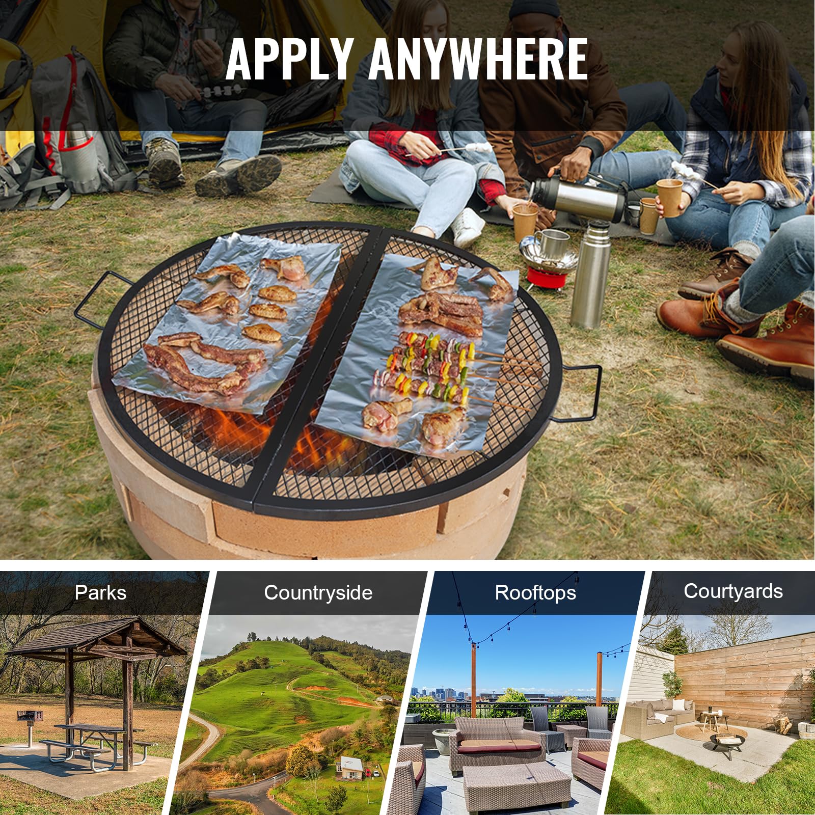 VEVOR X-Marks fire pit grate positioned over a campfire for quick cooking