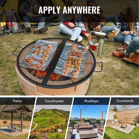 VEVOR X-Marks fire pit grate positioned over a campfire for quick cooking