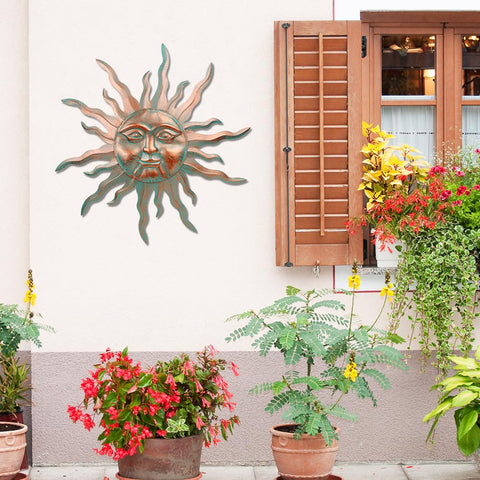 VEWOGARDEN green patina finish sun artwork highlights vintage charm on outdoor walls.