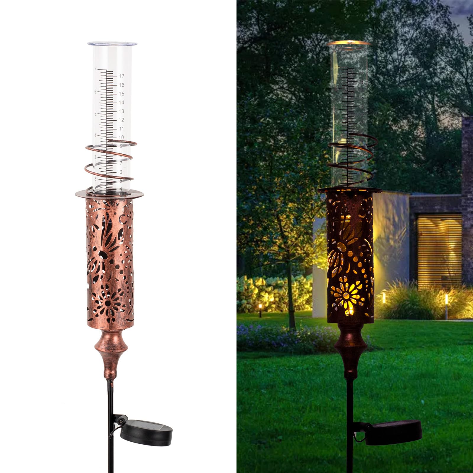 VEWOGIFT rain gauge with solar LED stake lit in garden for ambient lighting and measurement