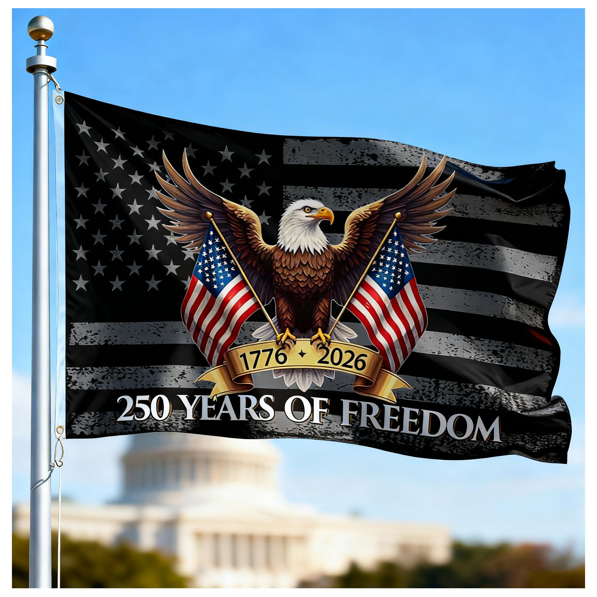 Veworn 250th anniversary flag with canvas header and brass grommets for durable outdoor display.