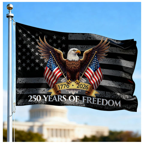 Veworn 250th anniversary flag with canvas header and brass grommets for durable outdoor display.