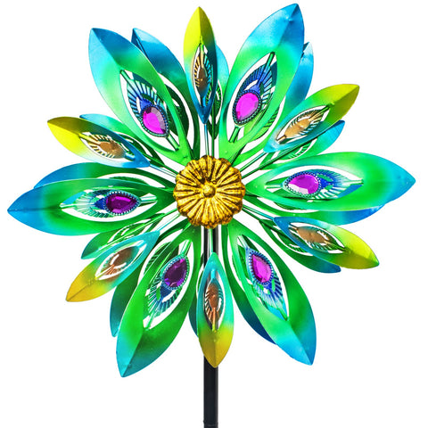 VEWOSTAR 53 inch peacock wind spinner front view with vibrant color rotation.