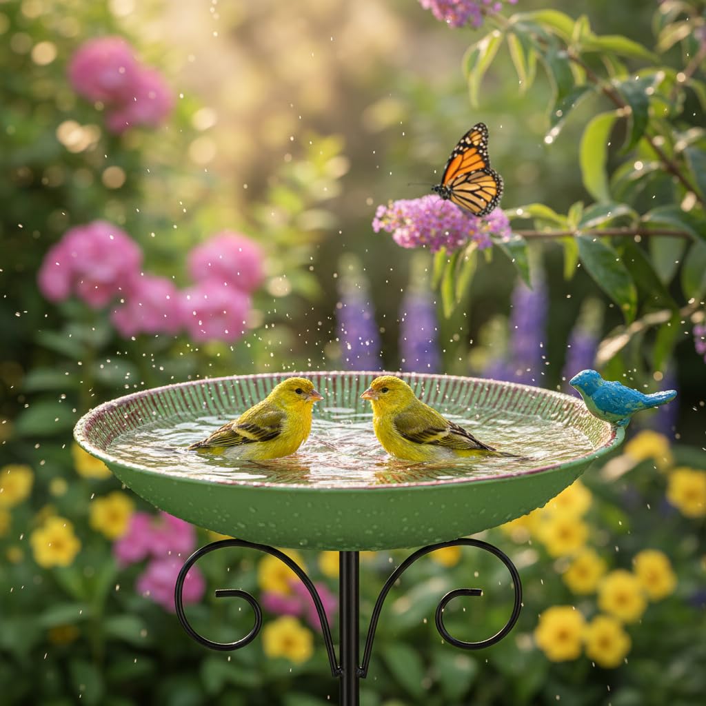VEWOSTAR bird bath in outdoor garden; blends with yard aesthetics while attracting birds.