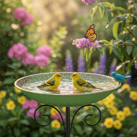VEWOSTAR bird bath in outdoor garden; blends with yard aesthetics while attracting birds.