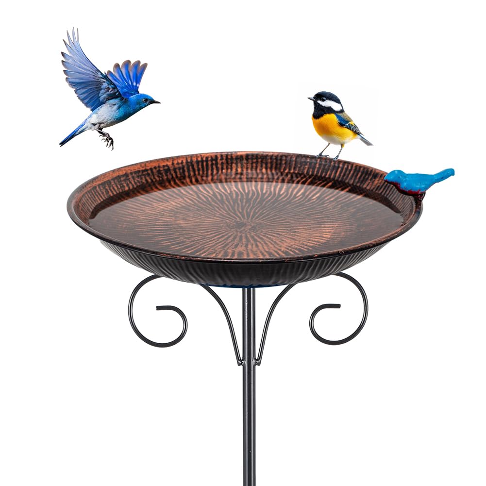VEWOSTAR metal bird bath on stake, ideal for outdoor garden decoration and bird visits.