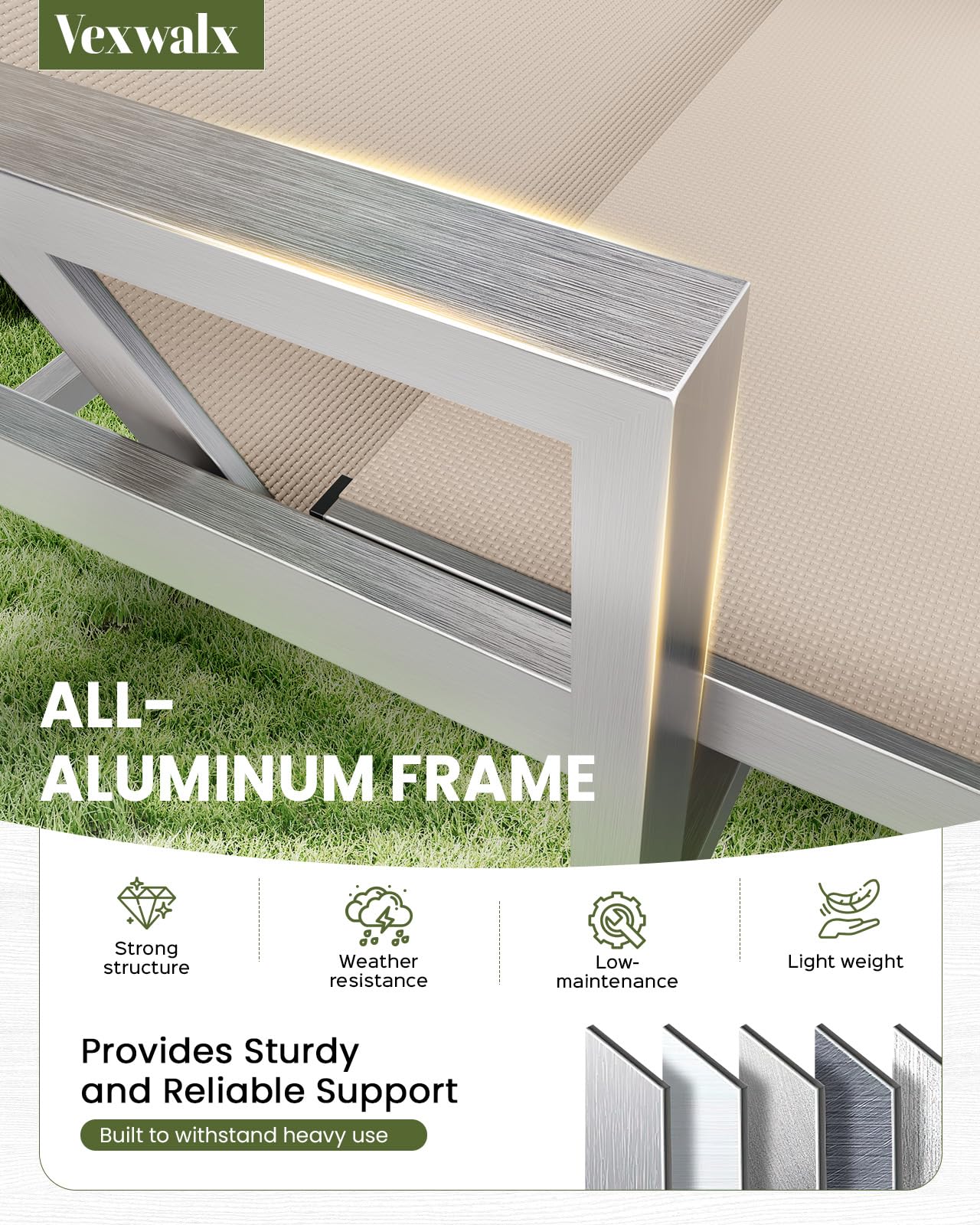 Vexwalx chaise backrest with five-position adjustment for sun or shade