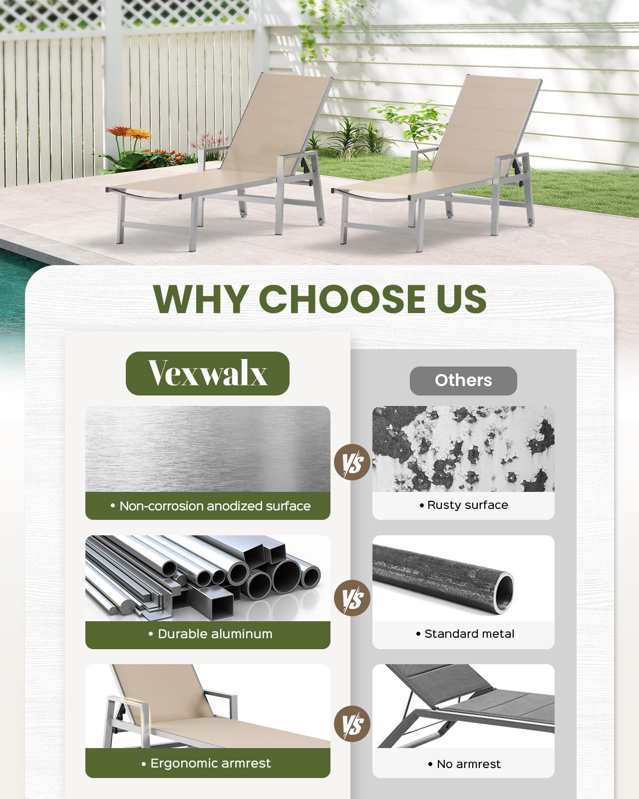 Vexwalx khaki outdoor lounge fits patio, deck, or yard spaces