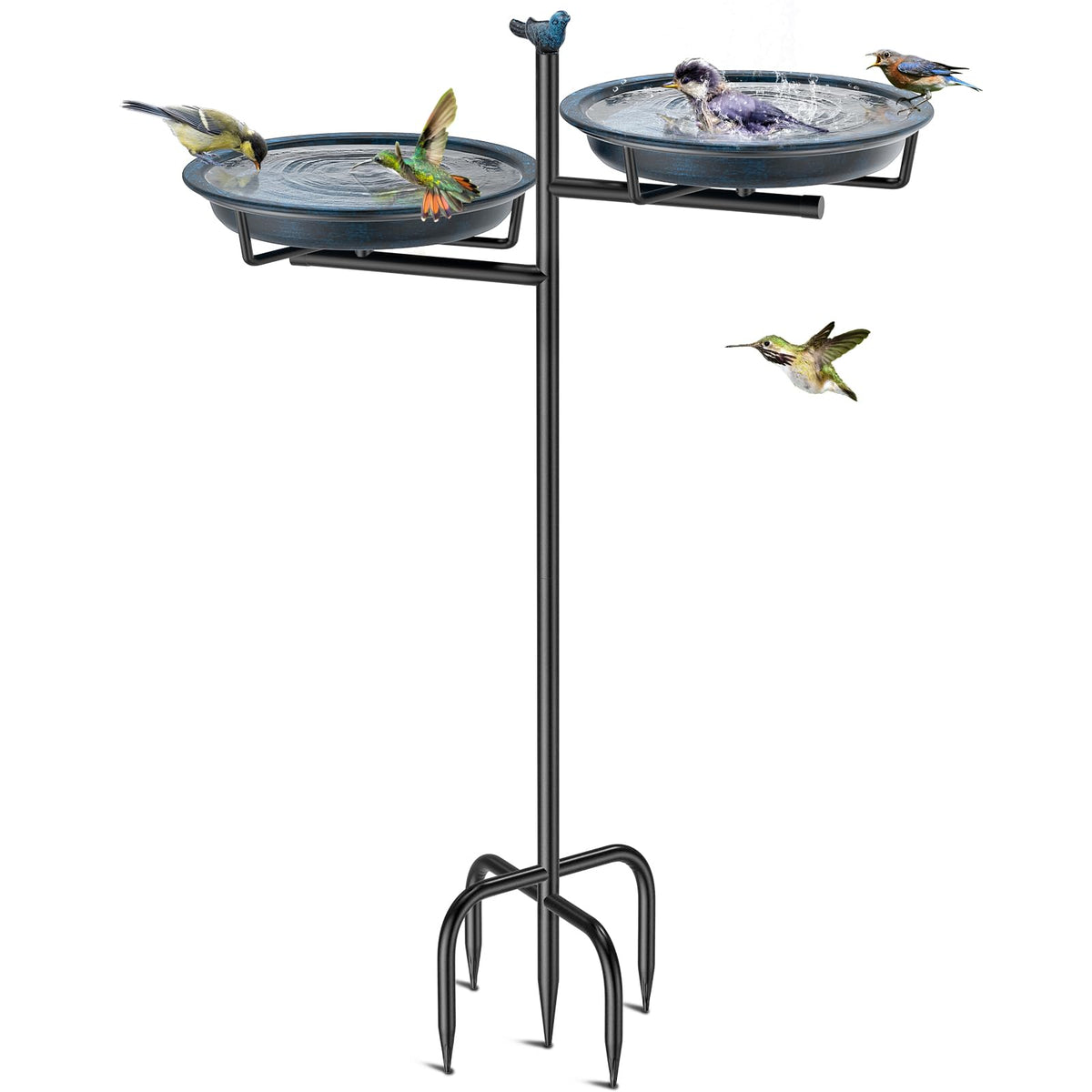 VeyFolzin.st 2-in-1 metal bird bath in blue invites birds to bathe and splash